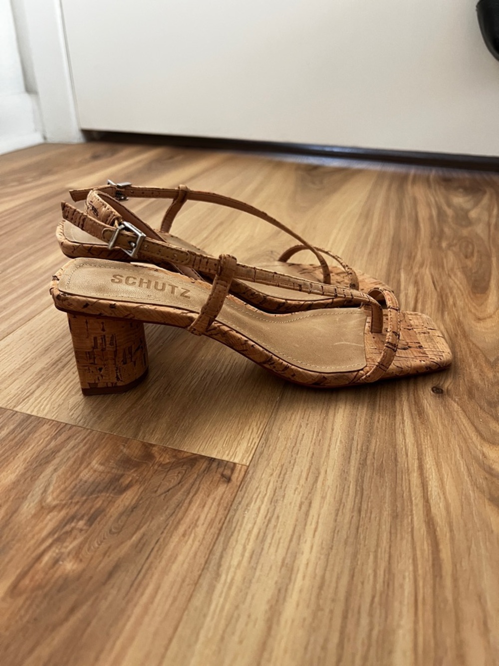 SCHUTZ Heloise Cork-Textured Tan Slingback Block Heel Sandals - Picture 4 of 6